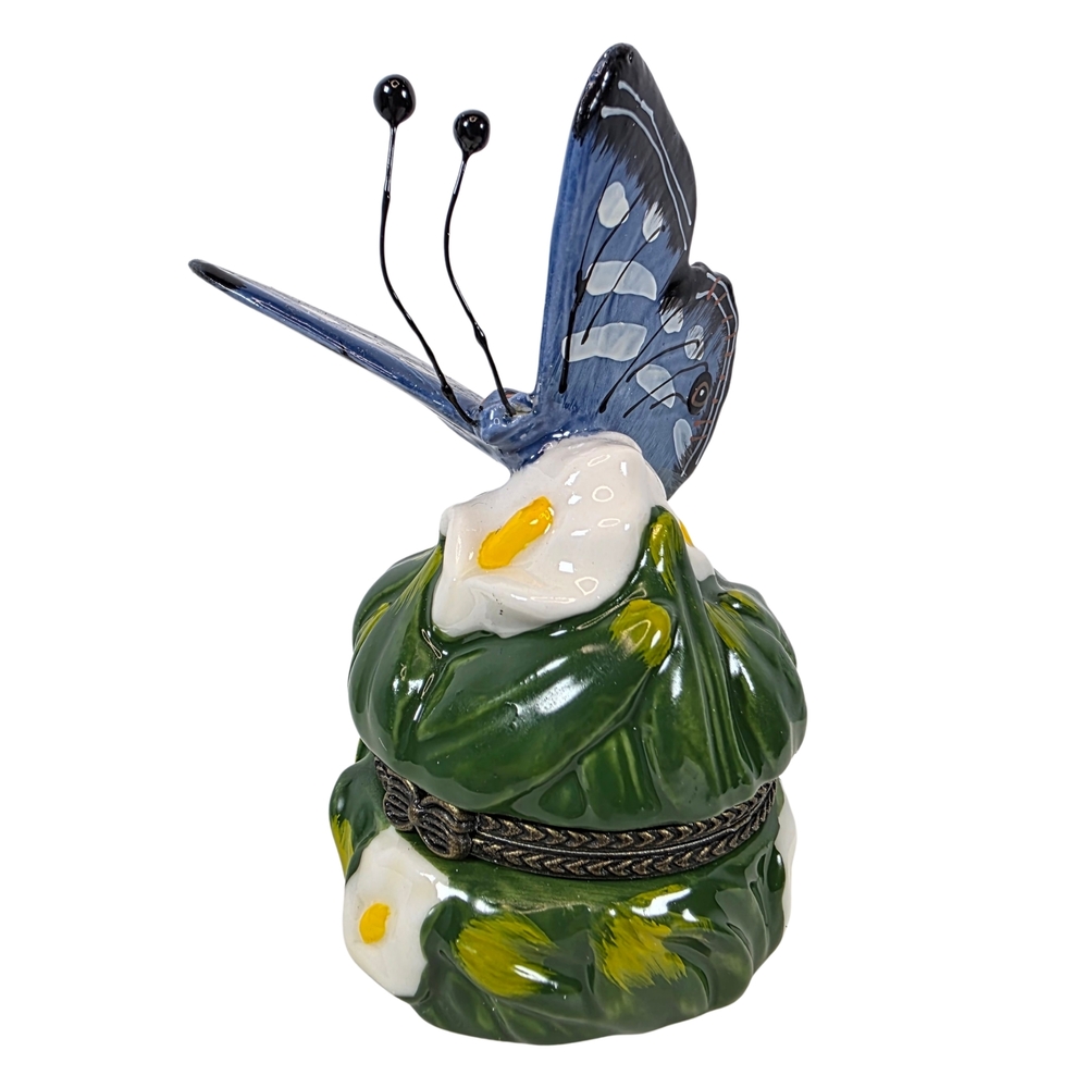 Blue Butterfly Flower Trinket Box Hinged Cottagecore Decor